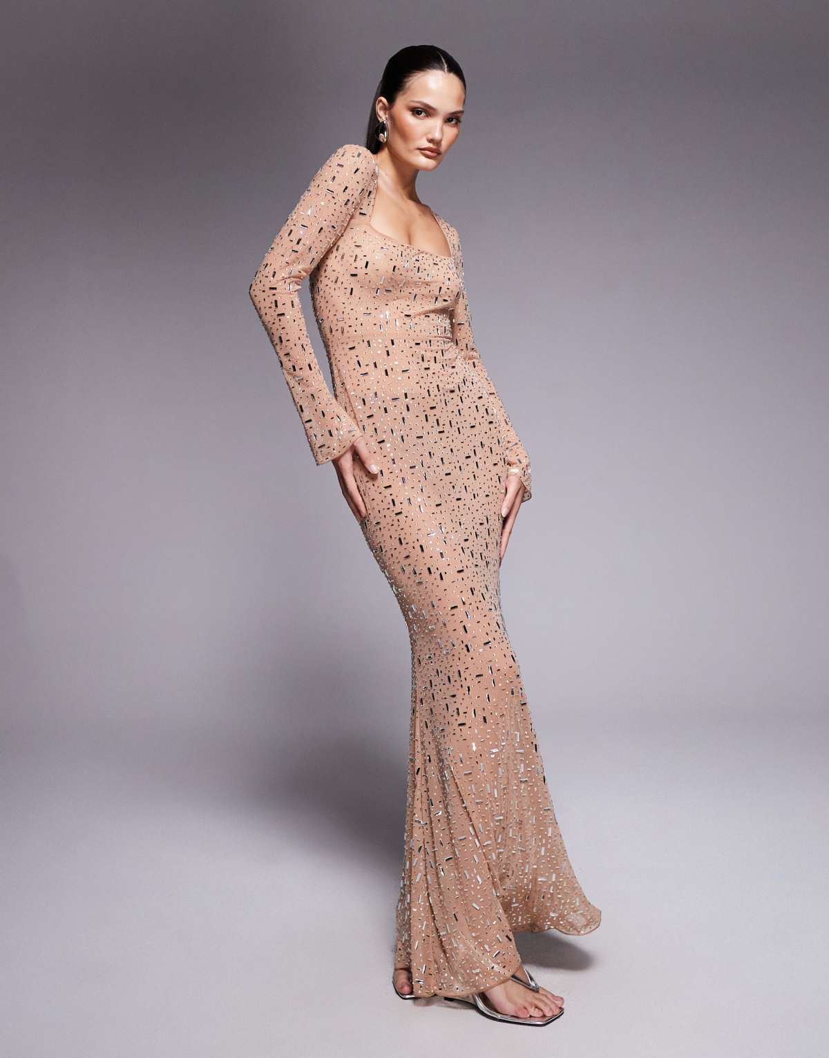 Oh Polly long sleeved bodycon hot fix embellished maxi dress in beige