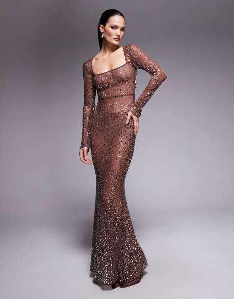 Oh Polly long sleeved bodycon hot fix embellished maxi dress in brown - view 1
