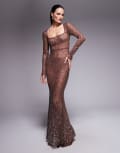 [Oh Polly] Oh Polly long sleeved bodycon hot fix embellished maxi dress in brown 4 Chocolate