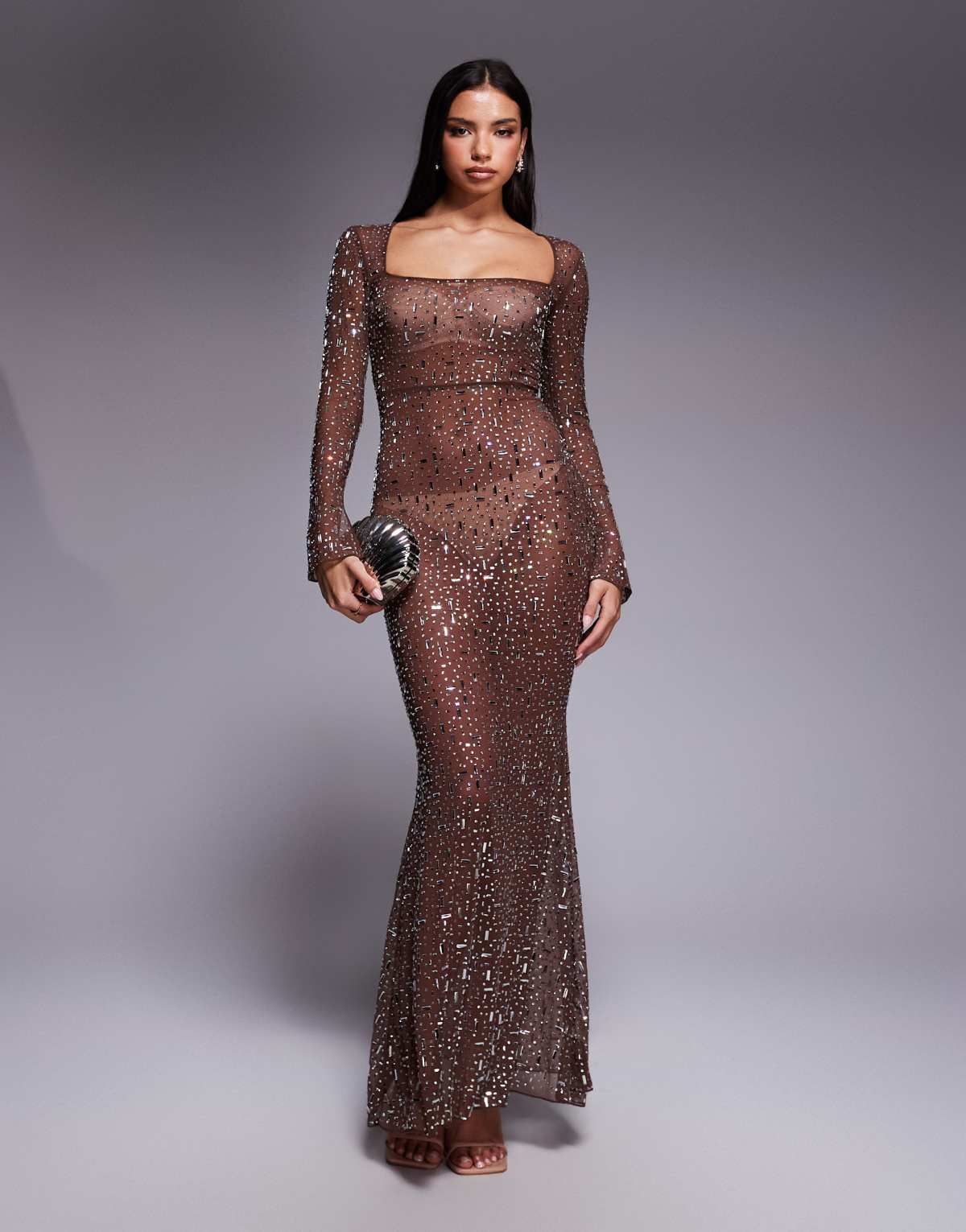 Oh Polly long sleeved bodycon hot fix embellished maxi dress in brown