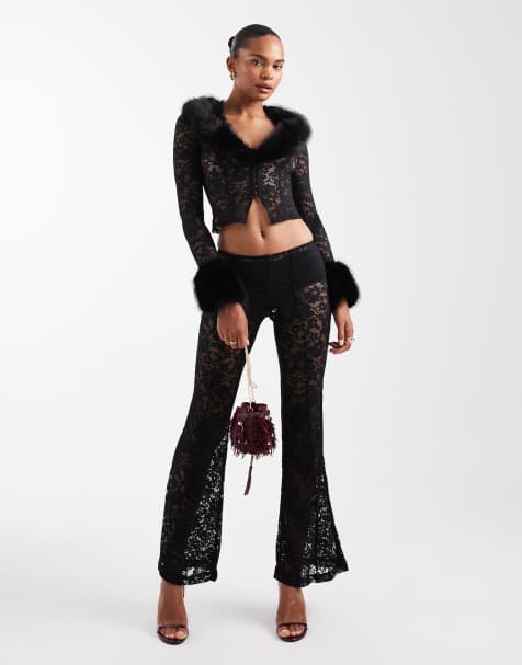 Oh Polly low rise lace flare pants in black - part of a set - view 1