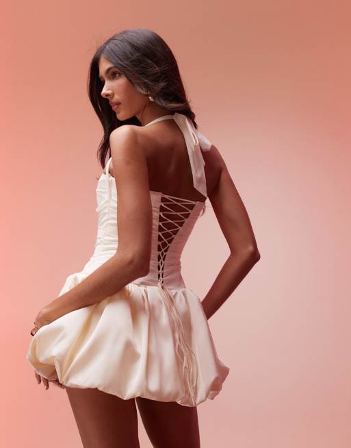 Oh Polly Ludmila halterneck bubble hem corset mini dress in ivory