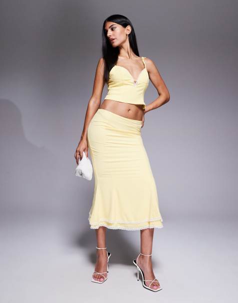 Oh Polly Lupita lace trim tiered midi skirt co-ord in pastel yellow