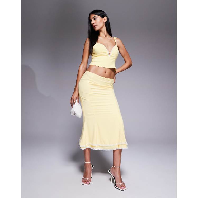 Oh Polly Lupita lace trim tiered midi skirt in pastel yellow
