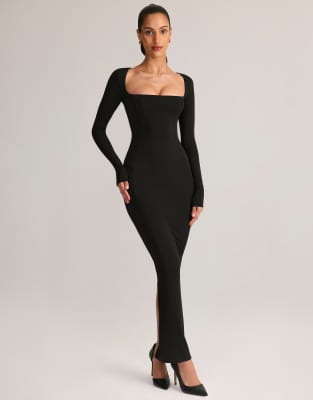 Oh Polly Lux Modal Square Neck Long Sleeve Maxi Dress In Black