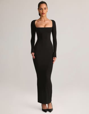 Oh Polly Lux Modal Square Neck Long Sleeve Maxi Dress In Black | ModeSens