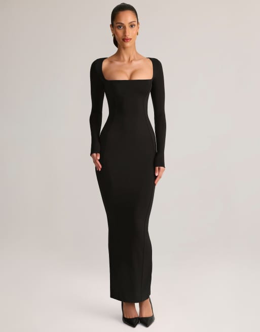 Oh Polly Lux modal square neck long sleeve maxi dress in black, 2 of 4