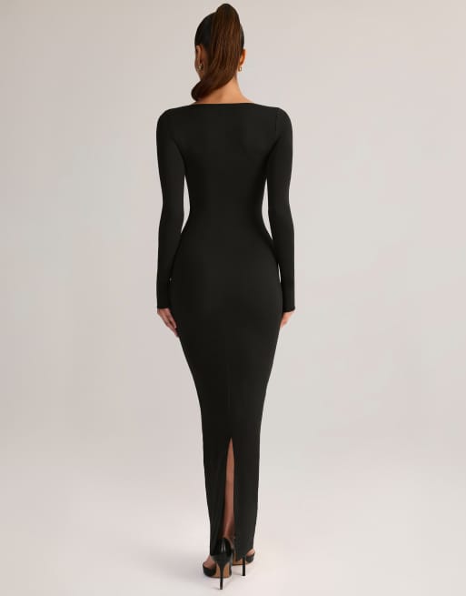 Oh Polly - Lux - Robe longue en modal à encolure carrée et manches longues - Noir, 4 de 4