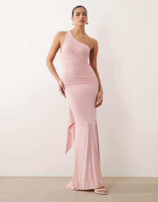 Oh Polly - Lyserød tætsiddende maxikjole med åben ryg og draperede detaljer samt oneshoulder-design, 2 af 4