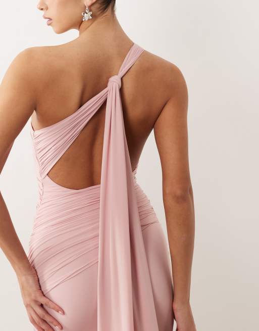 Oh Polly - Lyserød tætsiddende maxikjole med åben ryg og draperede detaljer samt oneshoulder-design, 4 af 4