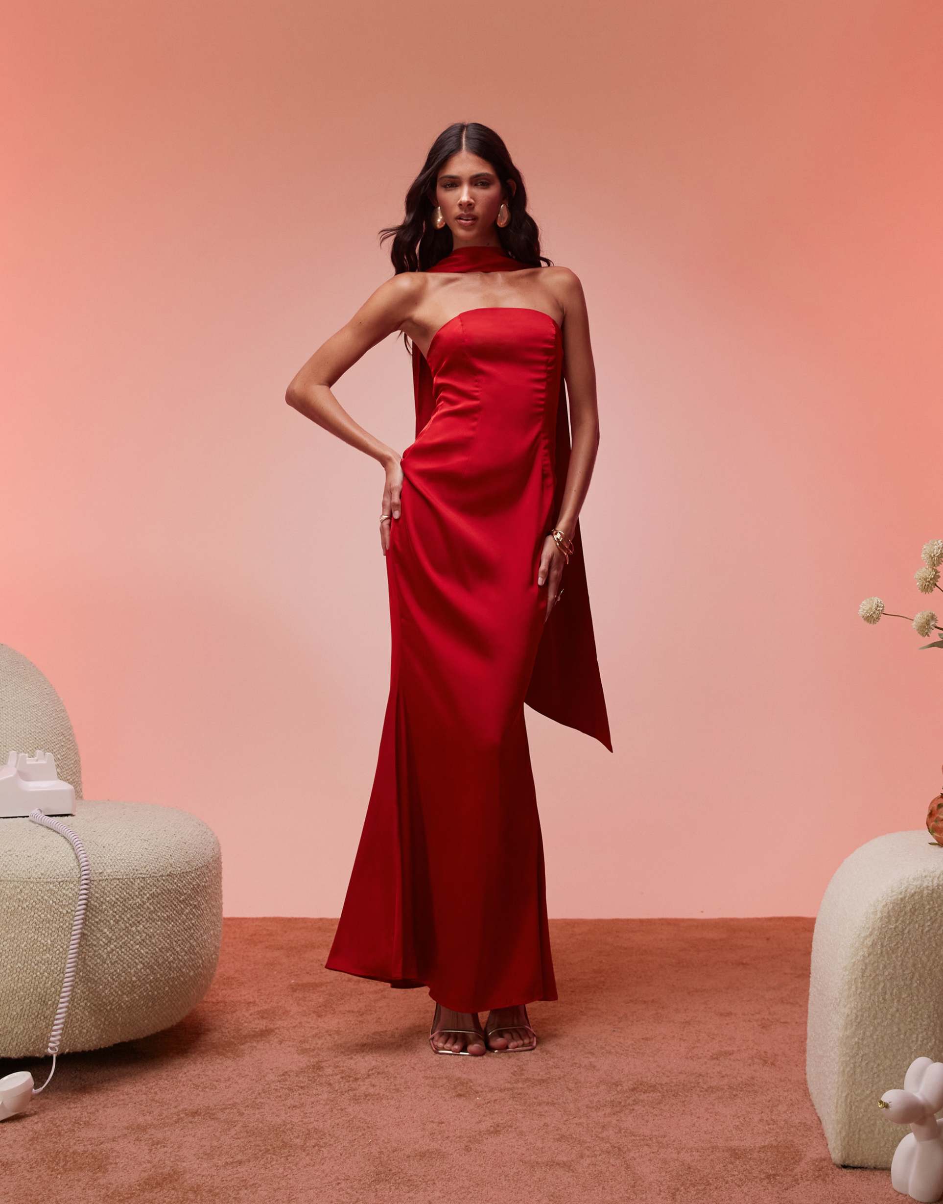 oh polly mandi scarf detail strapless maxi dress in scarlet red