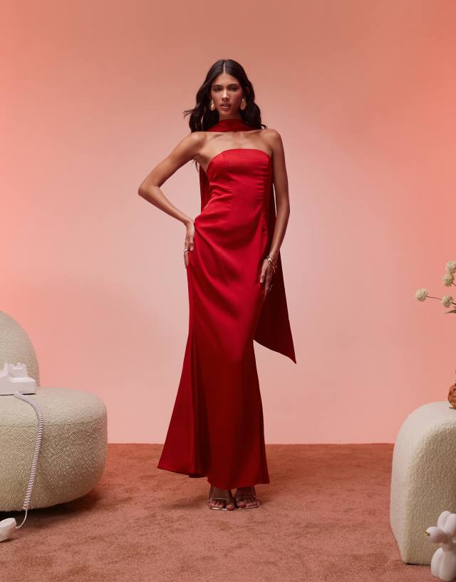 strapless dress with neck scarf Burgundy Velvet-Chiffon Strapless Gown with Draped Scarf – shopaleena