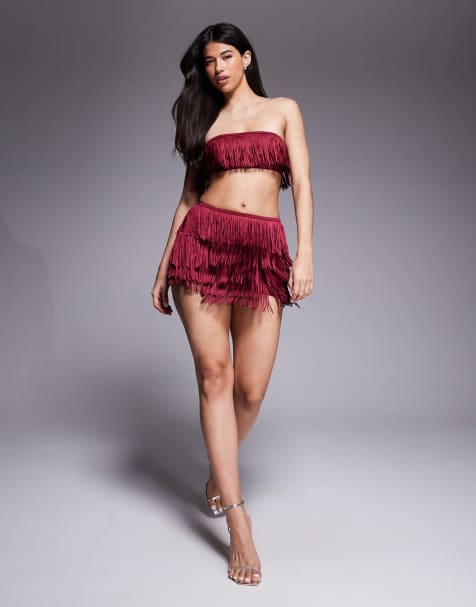 Oh Polly Maristella fringed mid-rise mini skirt  co-ord in wine red - view 1