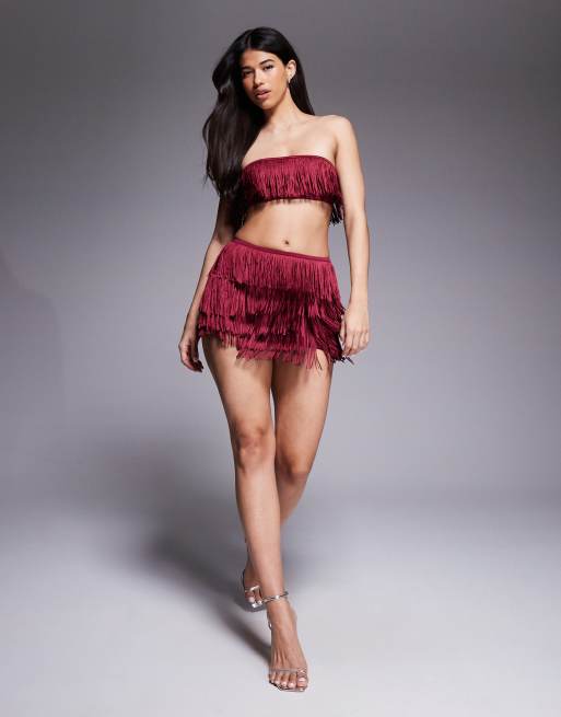 Oh Polly Maristella fringed mid-rise mini skirt  co-ord in wine red