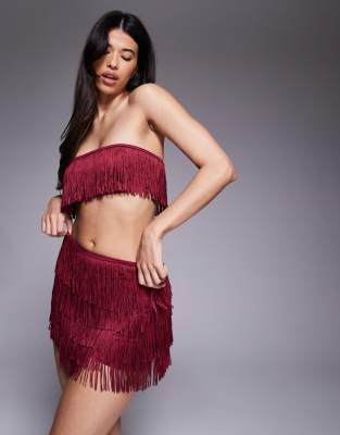 Oh Polly Maristella Fringed Mid-rise Mini Skirt Co-ord In Brown