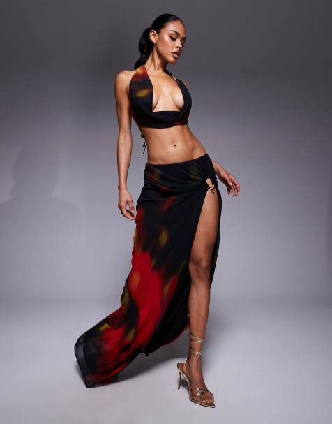 Oh Polly - Maxi rok van chiffon met dijsplit in rode vervaagde print, deel van co-ord set - view 1