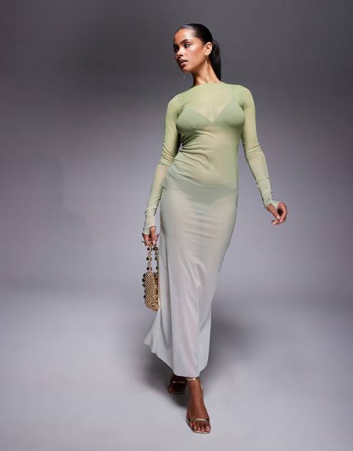 Oh Polly - Maxi strandjurk met mesh in olijfgroen, 2 van 4