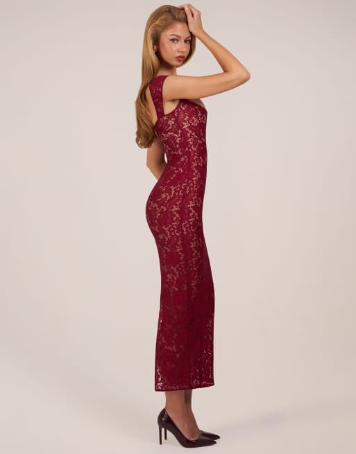 Oh Polly – Maxikleid aus Spitze in Kirschrot mit Herzausschnitt, Kappärmeln und Netzstoffeinsatz, 2 von 4