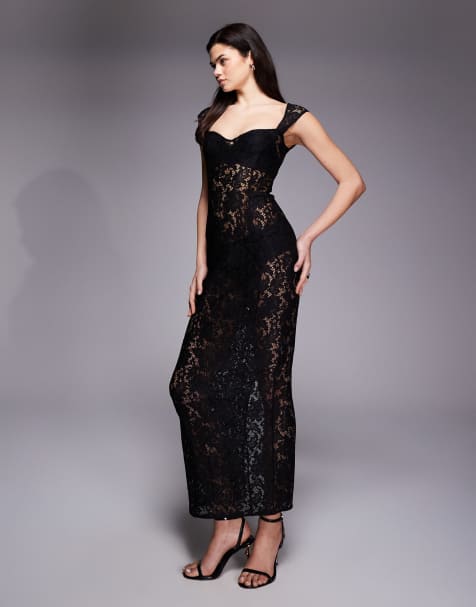 Oh Polly – Maxikleid aus Spitze in Schwarz mit Herzausschnitt, Kappärmeln und Netzstoffeinsatz - view 1