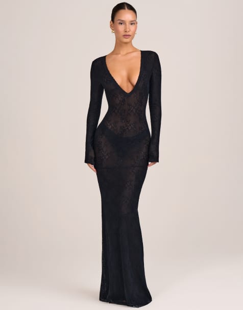 Oh Polly Maxikleid aus Spitze und Mesh mit tiefem Ausschnitt in Schwarz - view 1