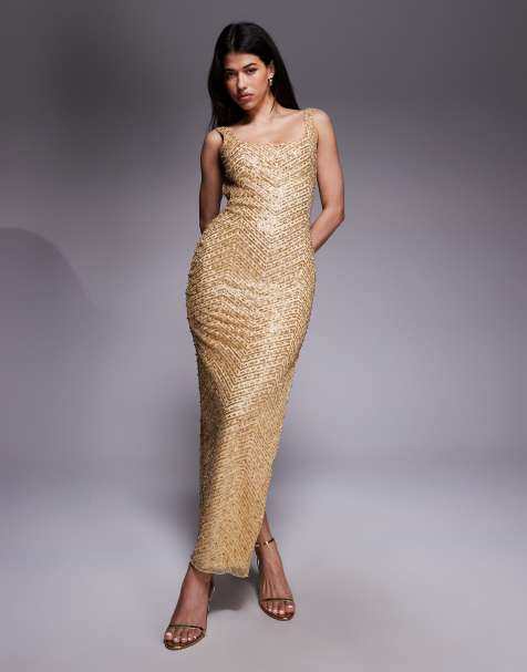 Oh Polly – Maxikleid in Gold mit Kristallverzierung und Herzausschnitt - view 1