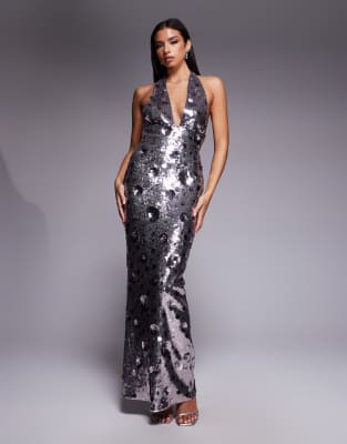 Oh Polly - Maxikleid in Silber mit Paillettenblumen