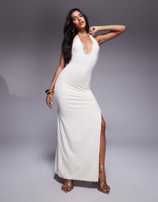 Oh Polly Mei plunge thigh split midaxi dress in ivory - view 1