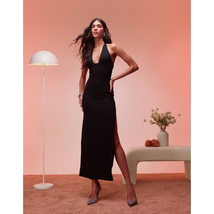 split halter dress White Halter Neck Thigh Split Maxi Dress main image 1