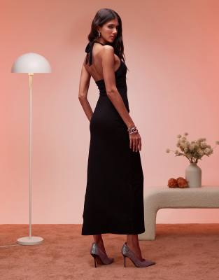 Oh Polly Mei Split Halterneck Maxi Dress In Black