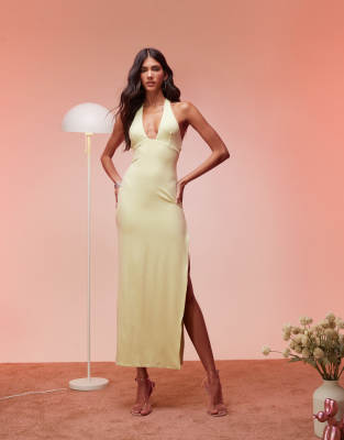 oh polly mei split halterneck maxi dress in matcha green