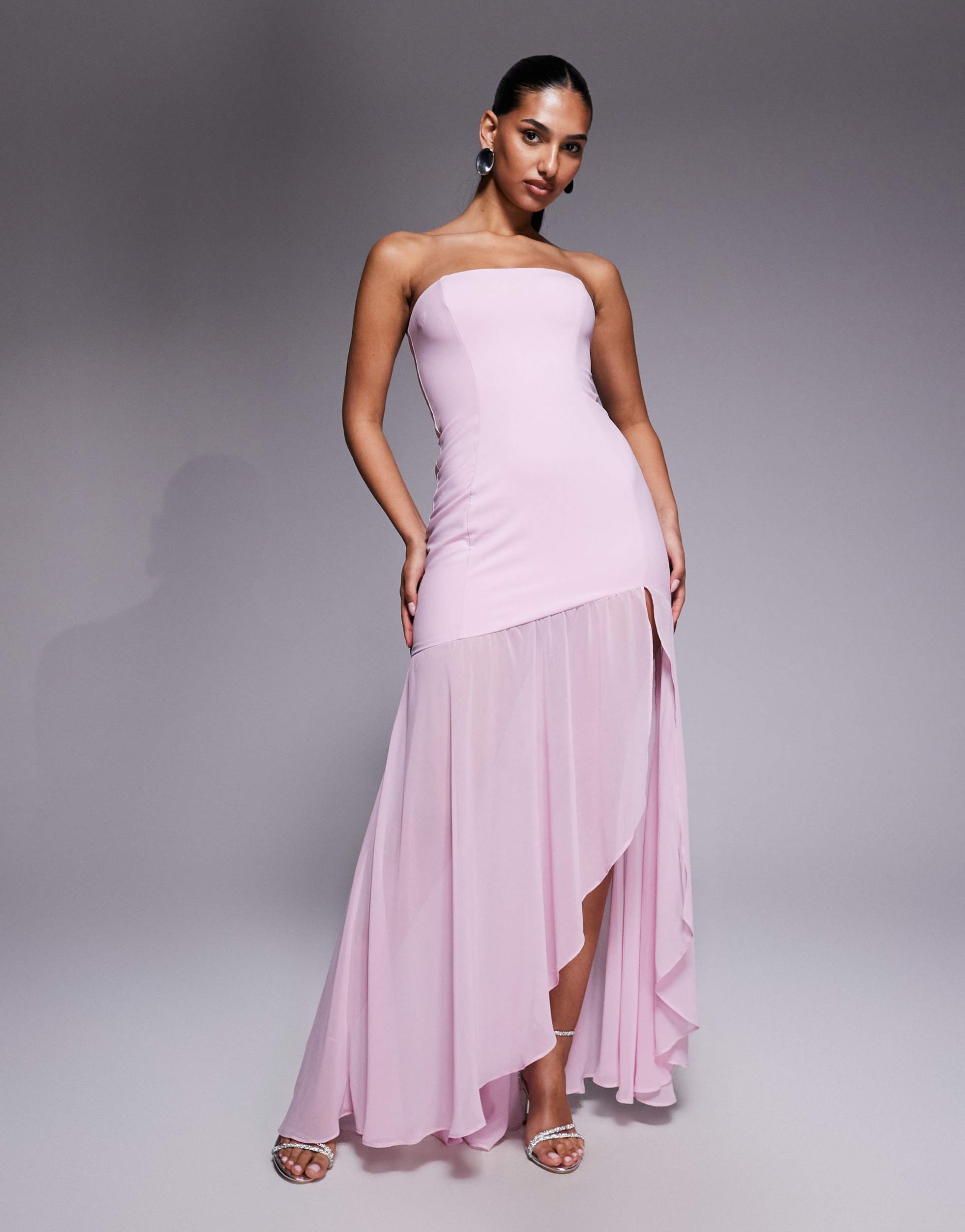 oh polly melina asymmetric strapless fishtail maxi dress in pink