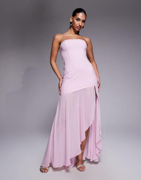 Oh Polly - Melina - Vestito lungo asimmetrico senza spalline a sirena rosa - view 1