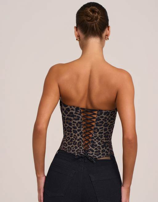 Oh Polly mesh bandeau tie back corset top in leopard, 4 of 4