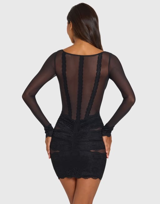 Oh Polly mesh bodycon-minikjole med firkantet hals og blondekant i sort, 4 af 4