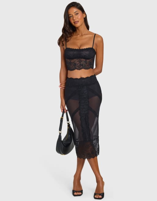 Oh Polly mesh cami-top med firkantet hals og blondekant i sort, del af sæt, 2 af 4