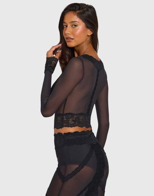 Oh Polly mesh cardigan med v-hals, blonderkant og hægtelukning i sort, 4 af 4