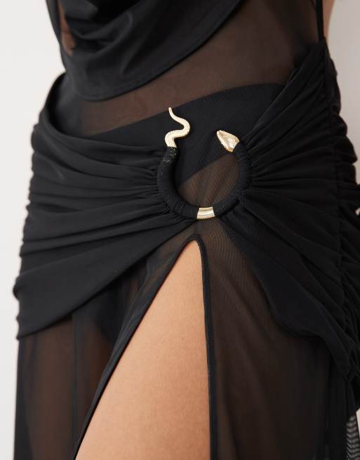 Oh Polly mesh plunge cowl halter neck thigh split beach maxi dress in black, 3 of 4