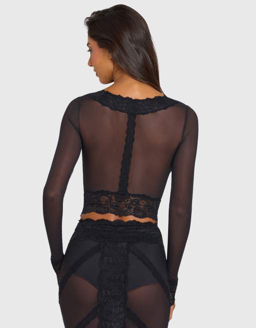 Oh Polly mesh v-neck lace trim hook and eye cardigan in black, 3 of 4