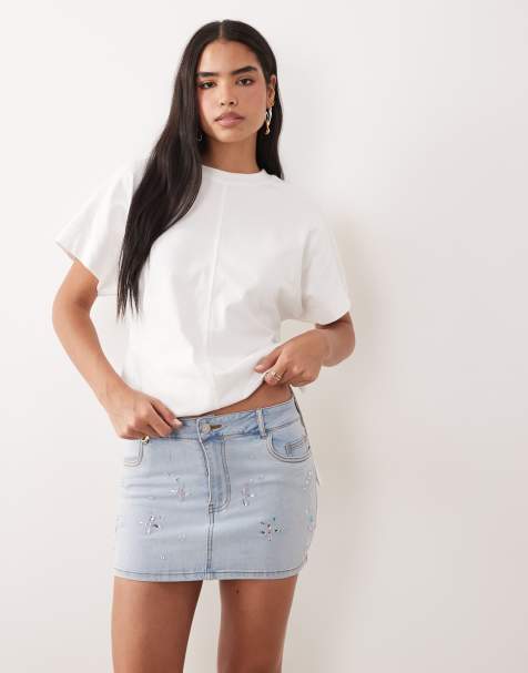 Oh Polly mid rise embellished mini skirt in stonewashed denim - view 1