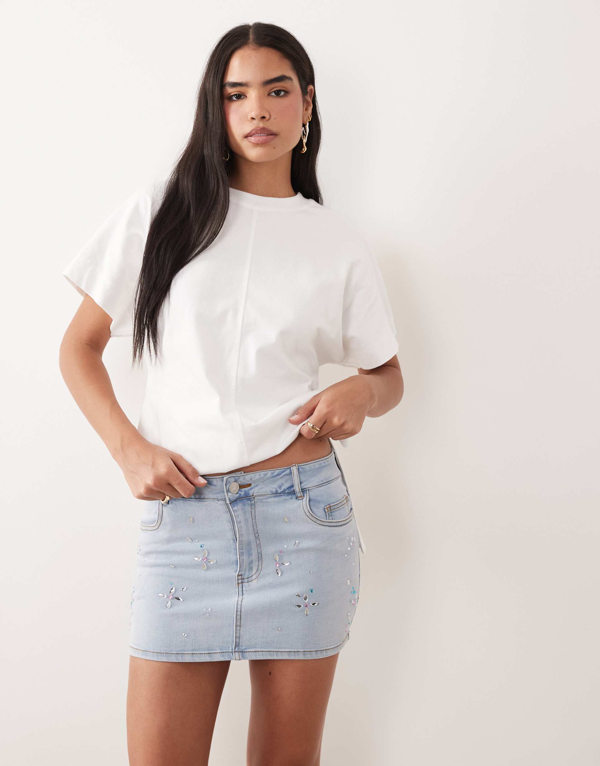 oh polly mid rise embellished mini skirt in stonewashed denim