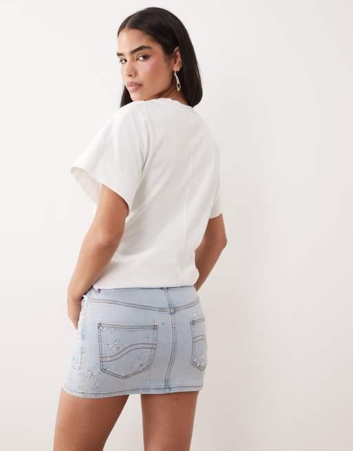 Oh Polly mid rise embellished mini skirt in stonewashed denim, 3 of 5
