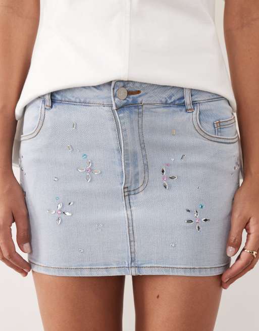 Oh Polly mid rise embellished mini skirt in stonewashed denim, 4 of 5