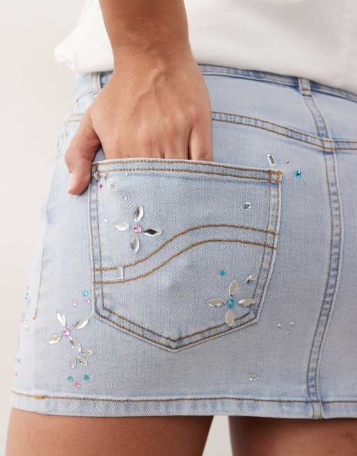 Oh Polly mid rise embellished mini skirt in stonewashed denim, 5 of 5