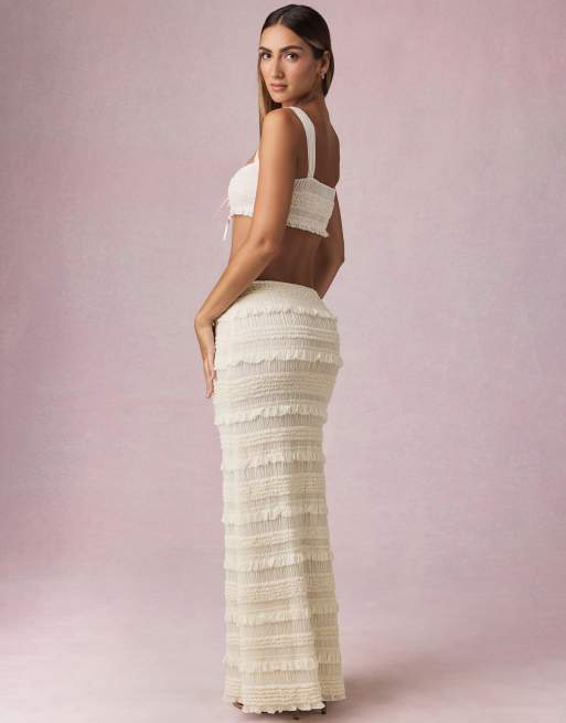 Oh Polly mid rise ruffle trim tiered maxi skirt in ivory, 2 of 3