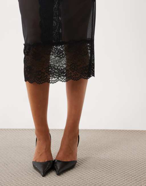 Oh Polly Midi-Rock aus Spitze mit hoher Taille in Schwarz, 3 von 5