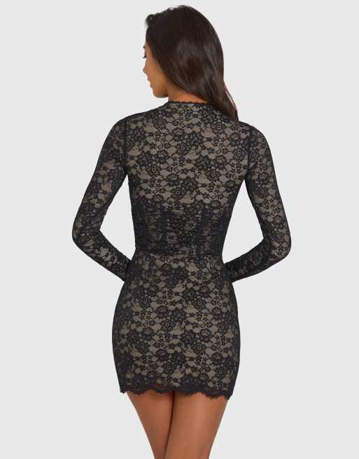 Oh Polly mini-robe à manches longues en dentelle à col mao avec ouverture goutte noire, 3 de 4