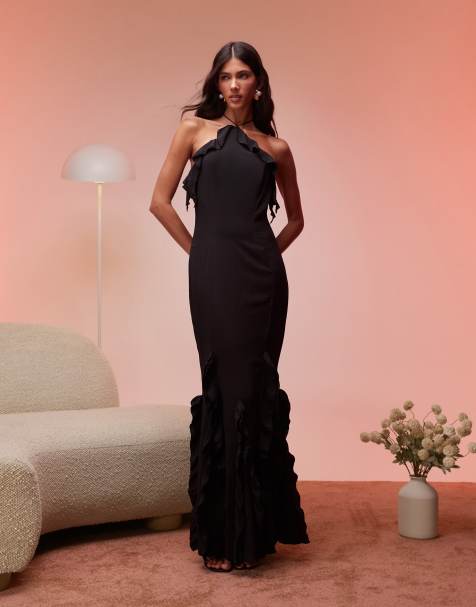 Oh Polly Mireya ruffle trim halterneck maxi dress in black - view 1