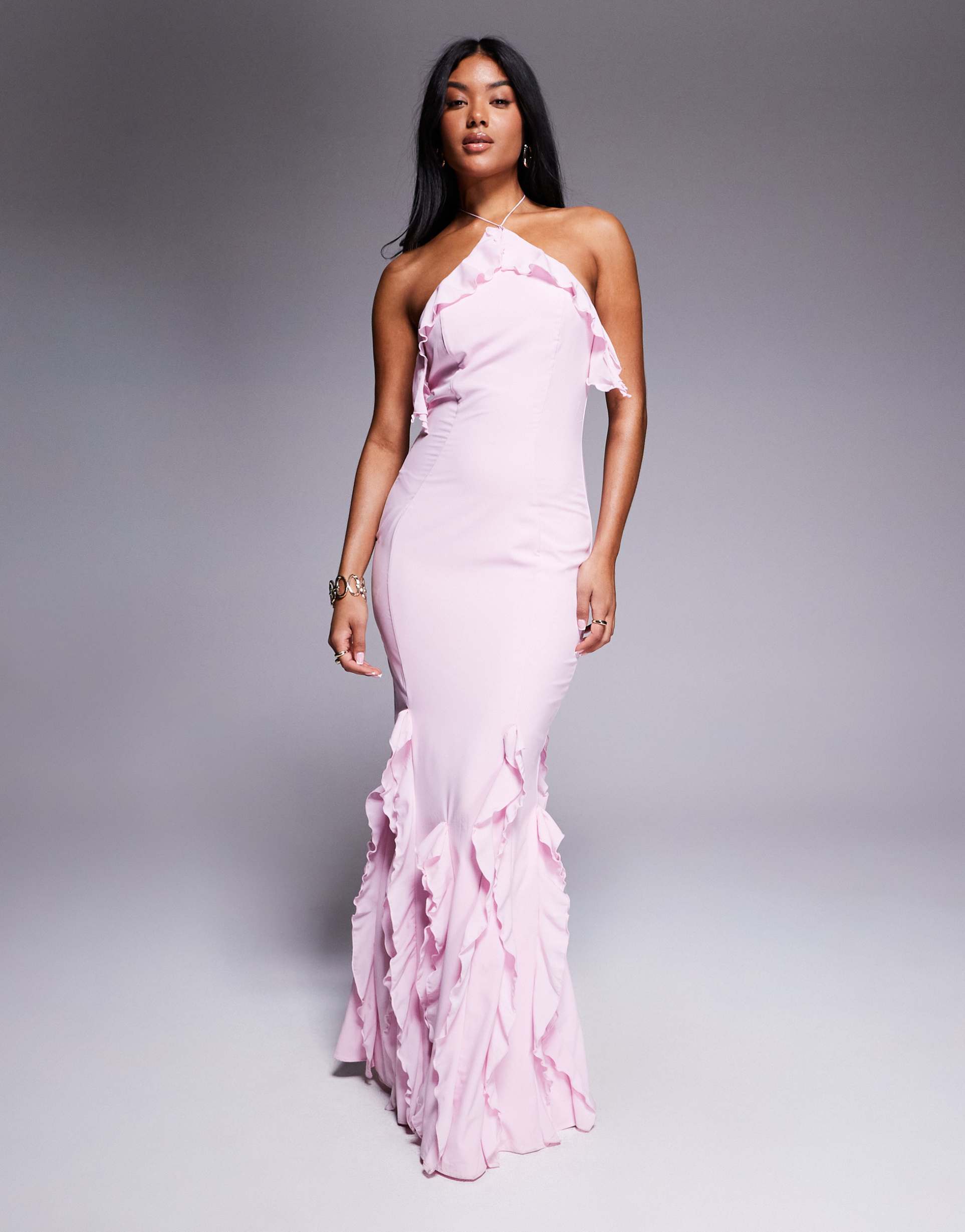 oh polly miyera ruffle trim halterneck maxi dress in soft pink