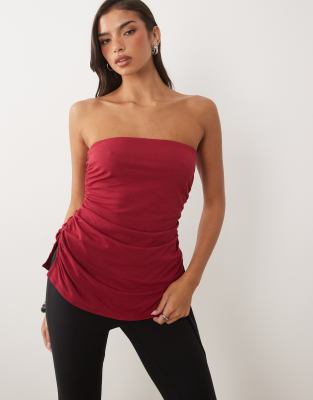 Oh Polly Modal Bandeau Long Line Split Hem Top In Red