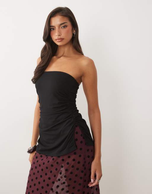 Oh Polly modal bandeau longline split hem top in black, 3 of 4